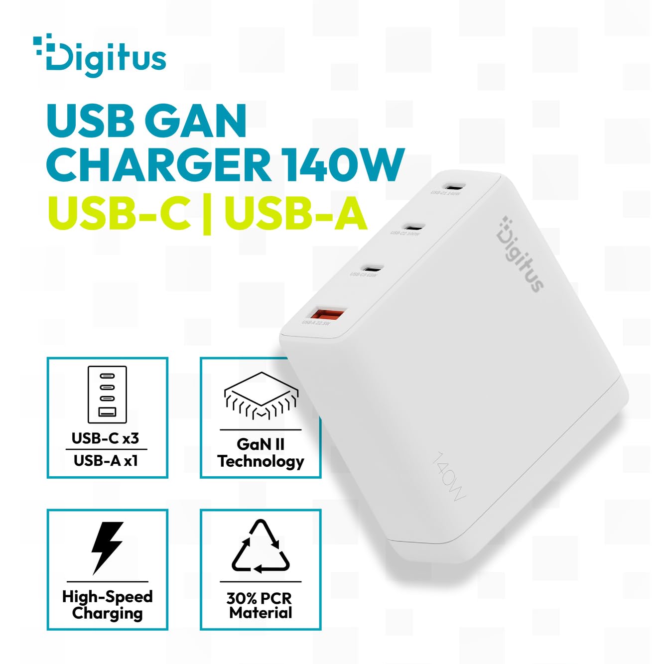 DIGITUS Caricabatterie USB-C GaN II – 3x USB-C e USB-A – 3 porte – fino a 140 W – Caricabatterie rapido – Adatto per laptop, cellulari, tablet, smartwatch, cuffie, powerbank – Bianco