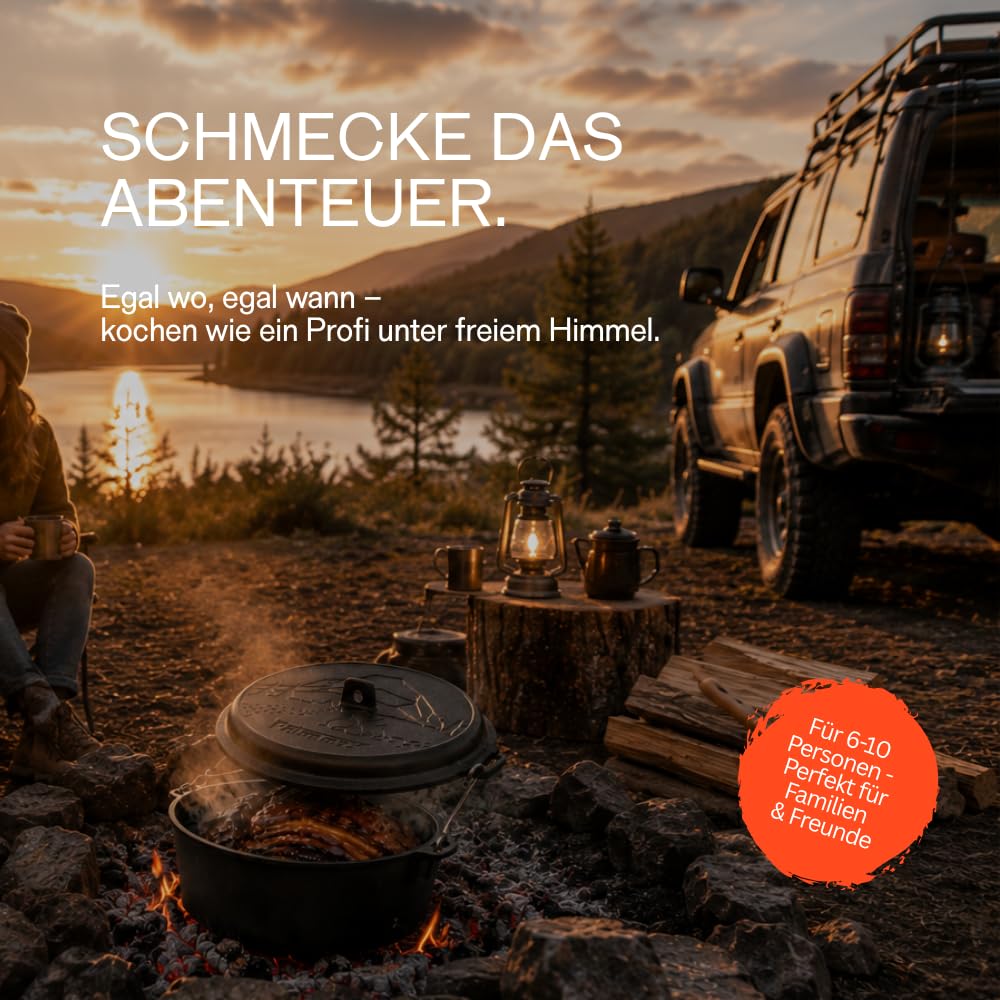 Petromax Dutch Oven ft9-t Komplettset – Feuertopf 7,5 L Gusseisen | Mit Deckelheber, Pflegepaste, Ringreiniger & Kirschholz-Löffel. Deckel als Pfanne. Für Grill, Ofen & Feuer, 8-14 Pers.