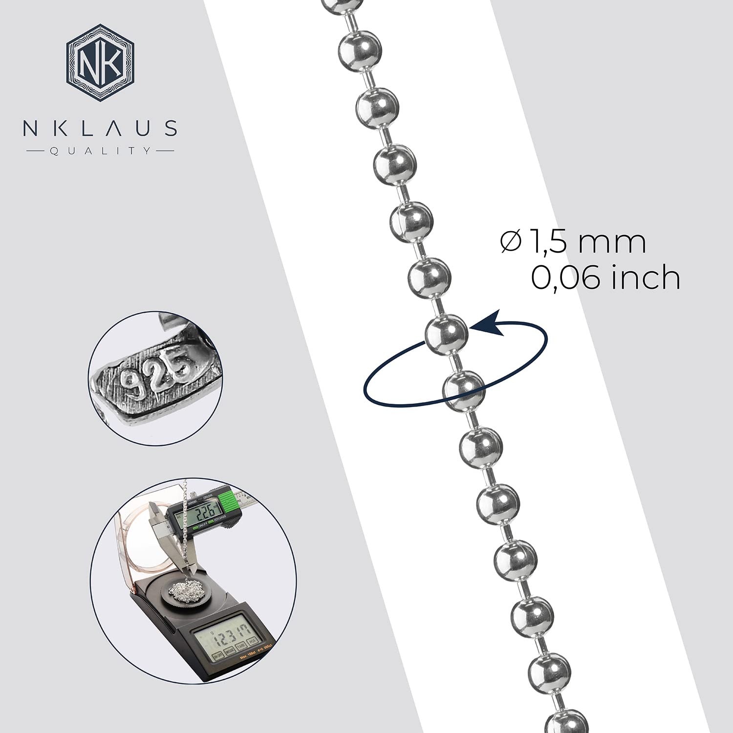 NKlaus collar 50cm cadena de bolas redonda de plata 925 collar de las señoras 1,5mm de ancho 8198