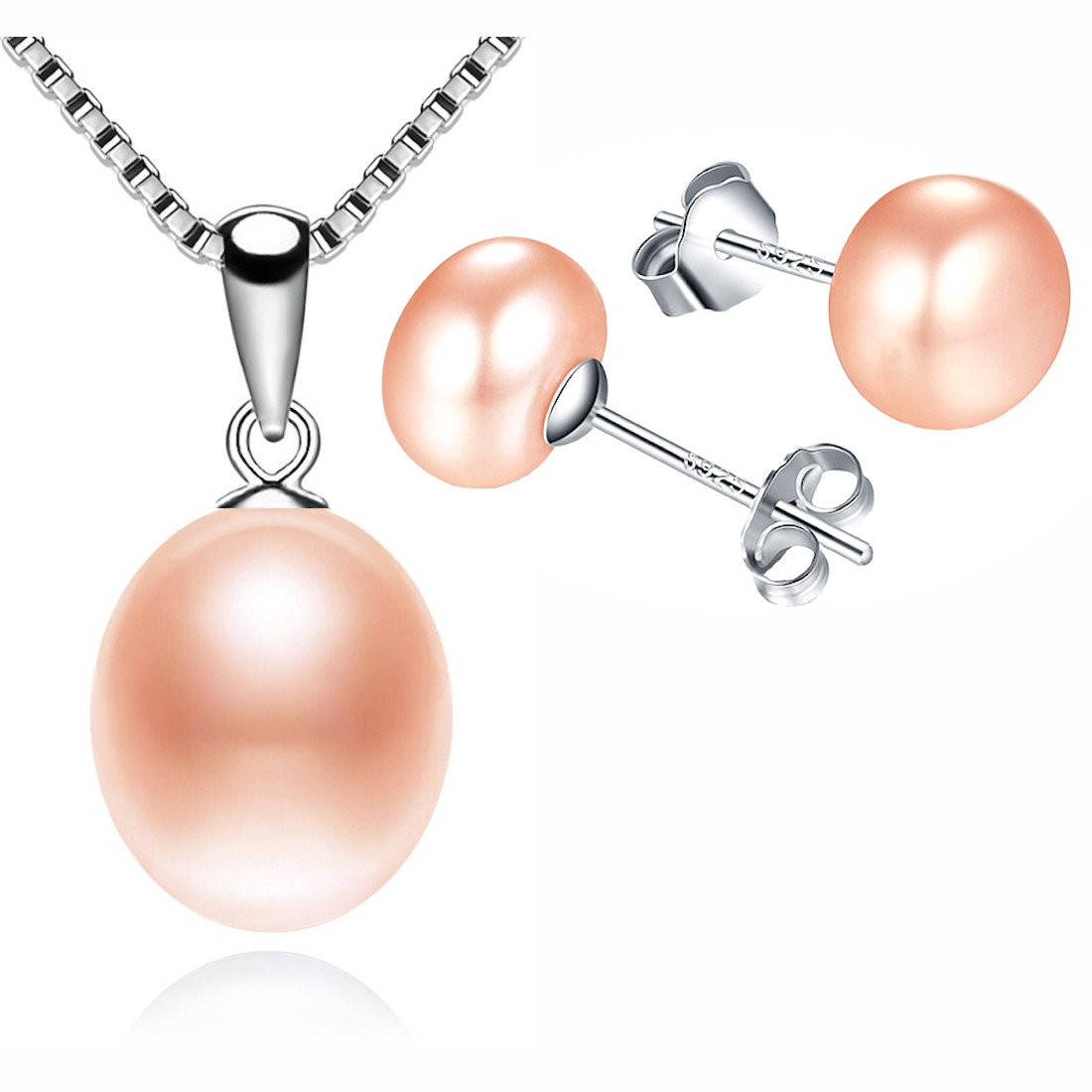 Kim Johanson Damen Perlen Schmuckset "Chic" aus 925 Sterling Silber mit echten rosa Süßwasser Perlen Halskette & Ohrringe inkl. Schmuckbeutel