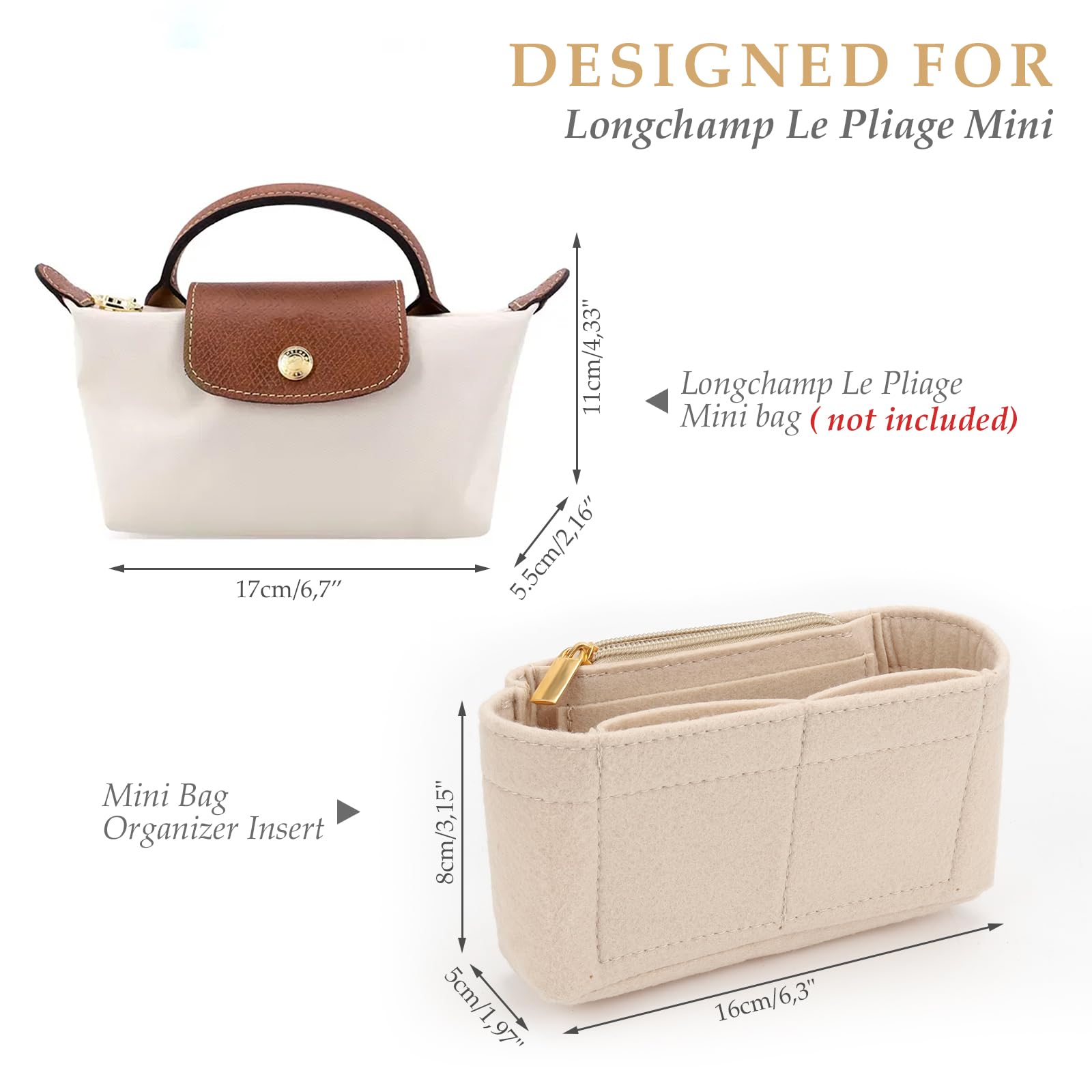 Organizer do torebki Longchamp Le Pliage Mini, z filcu, z wielofunkcyjnymi kieszeniami, duża pojemność