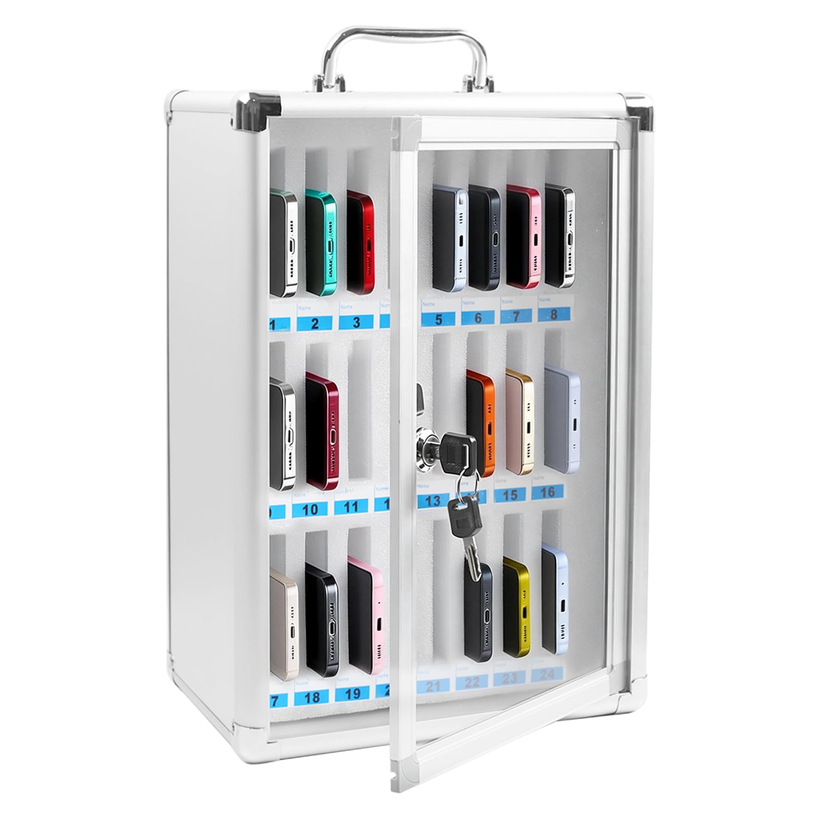 Handy Aufbewahrungsschrank 24 Slots Aluminiumlegierung Handygarage mit Schlüssel Griff Tragbar Wandmontierbar Handytresor