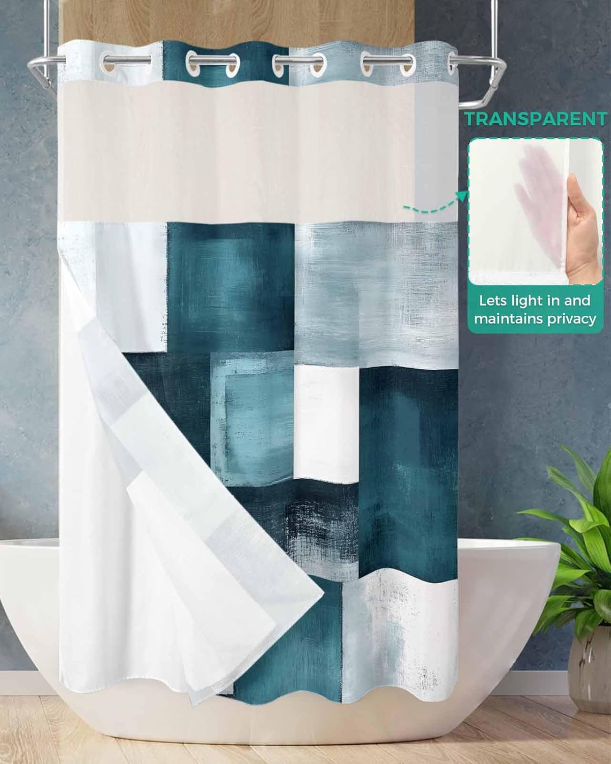 Bronze Abstract Art No Hook Shower Curtain with Snap in Liner Rustic Shabby Color Block Plaid Shower Curtain for Bathroom, Fabric Waterproof Inner Liner, Hotel Style with Mesh Top Window, 36x72