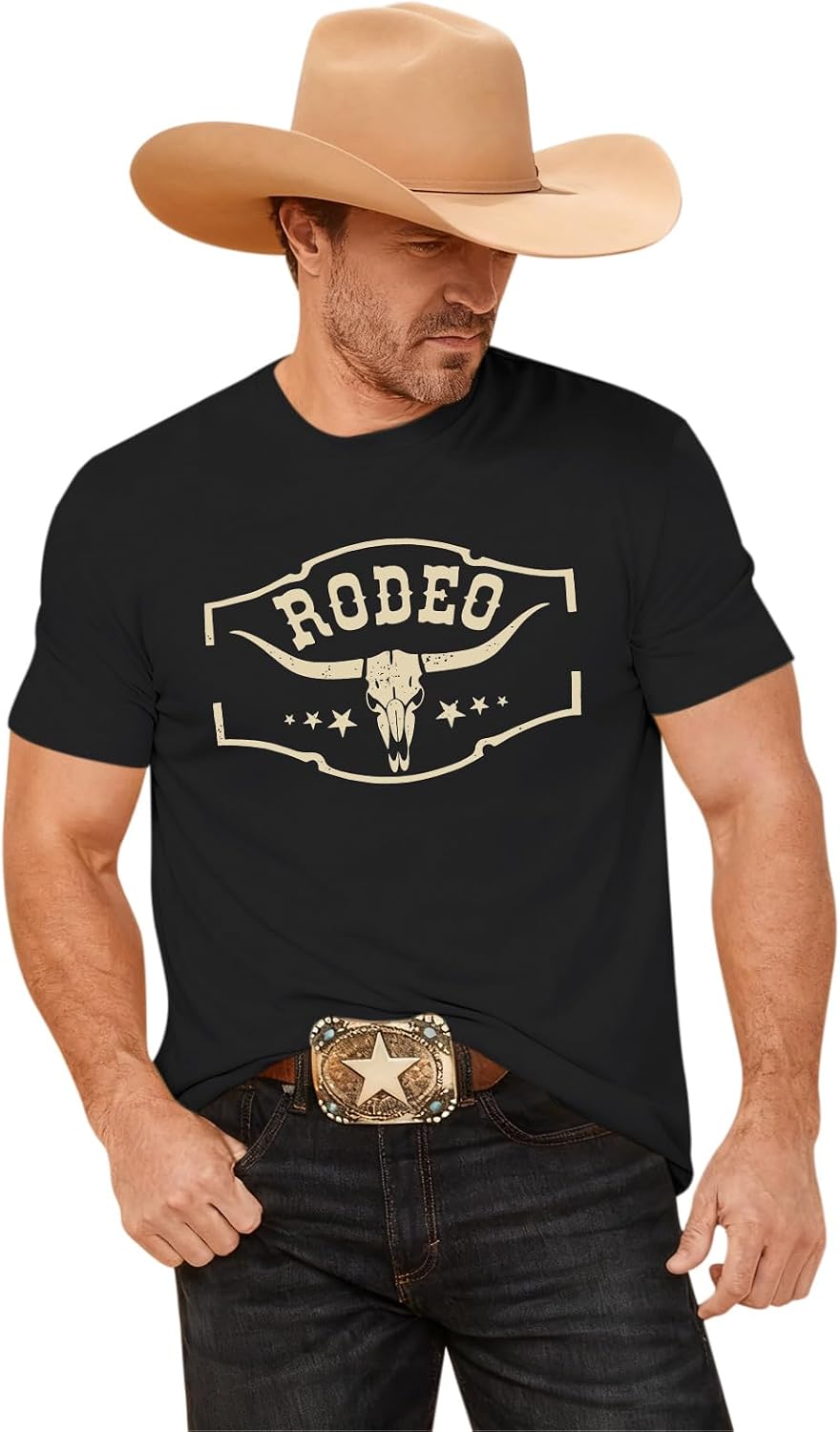 Mens Western Cowboy Rodeo Shirts Vintage Cow Skull Graphic Tees Boho Country Concert Music T-Shirts Tops