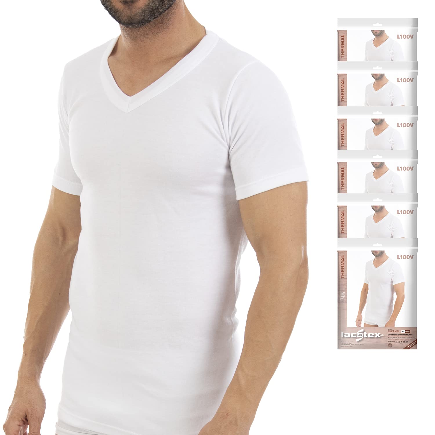Lacotex Camiseta Interior Termal de Hombre | Camiseta Manga Corta y Cuello Pico Térmica | Confort y Protección Térmica Interior | Pack Ahorro 6 Unidades | L100V