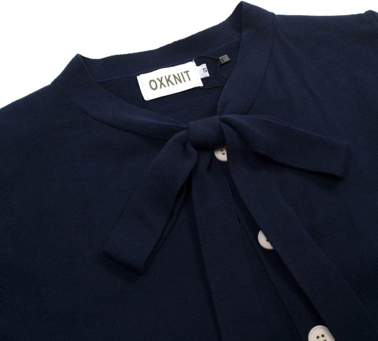 OXKNIT Women's Knit Short Sleeve Cardigan 1960s Classic Vintage Solid Dark Blue Tops Button Down Knitwear with Lace-Up