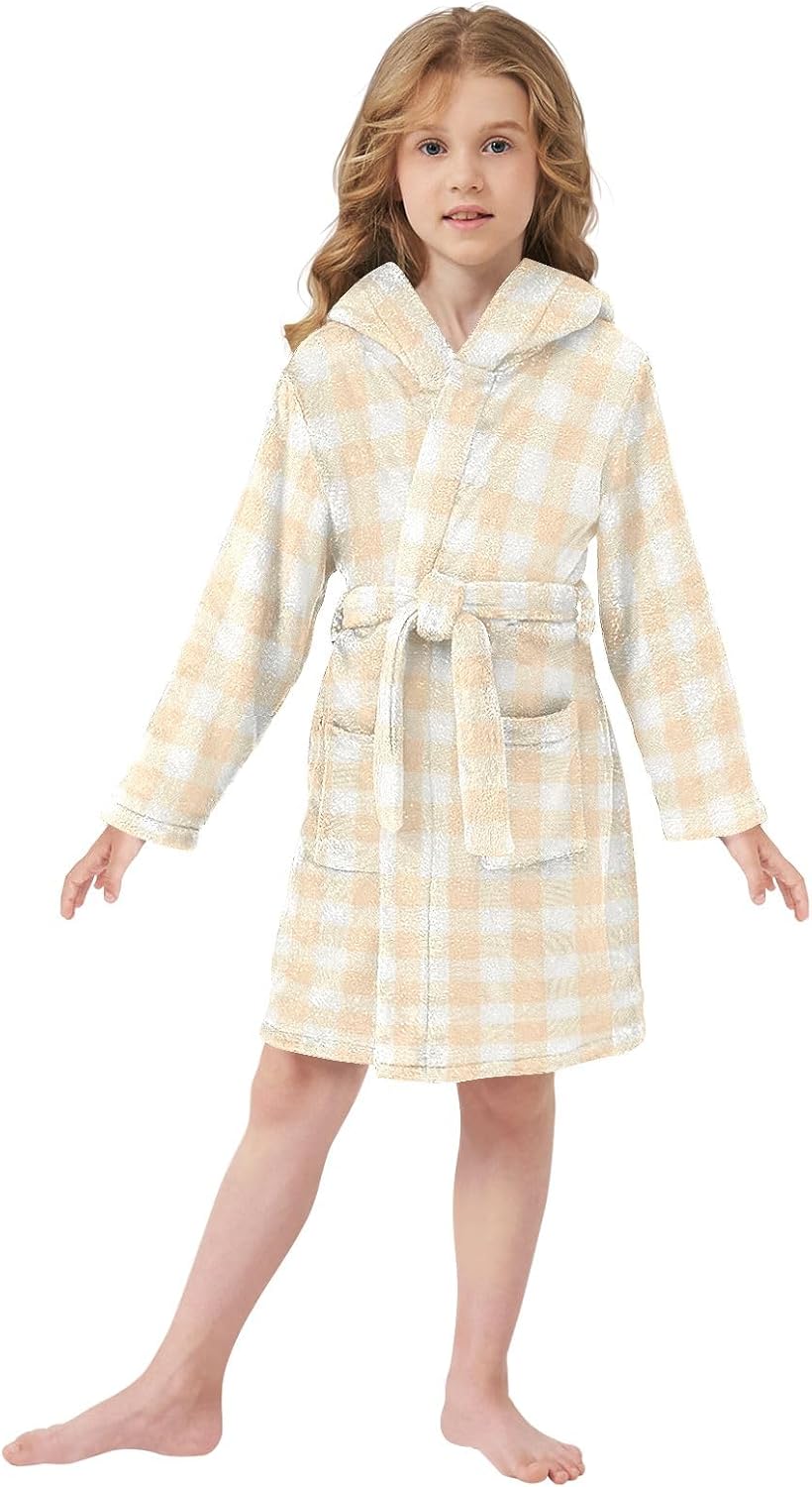 Yellow Stripe Pattern Toddler Hooded Bathrobe for Boys Girls Soft Plush Bath Towel Robe 2-12 Years