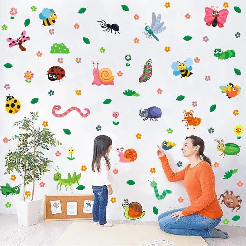 4 Sheets Cartoon Insect Wall Decals Cute Animal Butterfly Flower Leaf Ladybug Bee DIY Decor Wall Stickers Vinyl Wall Decor for Bedroom Living Room Playroom Nursery Home Decoration