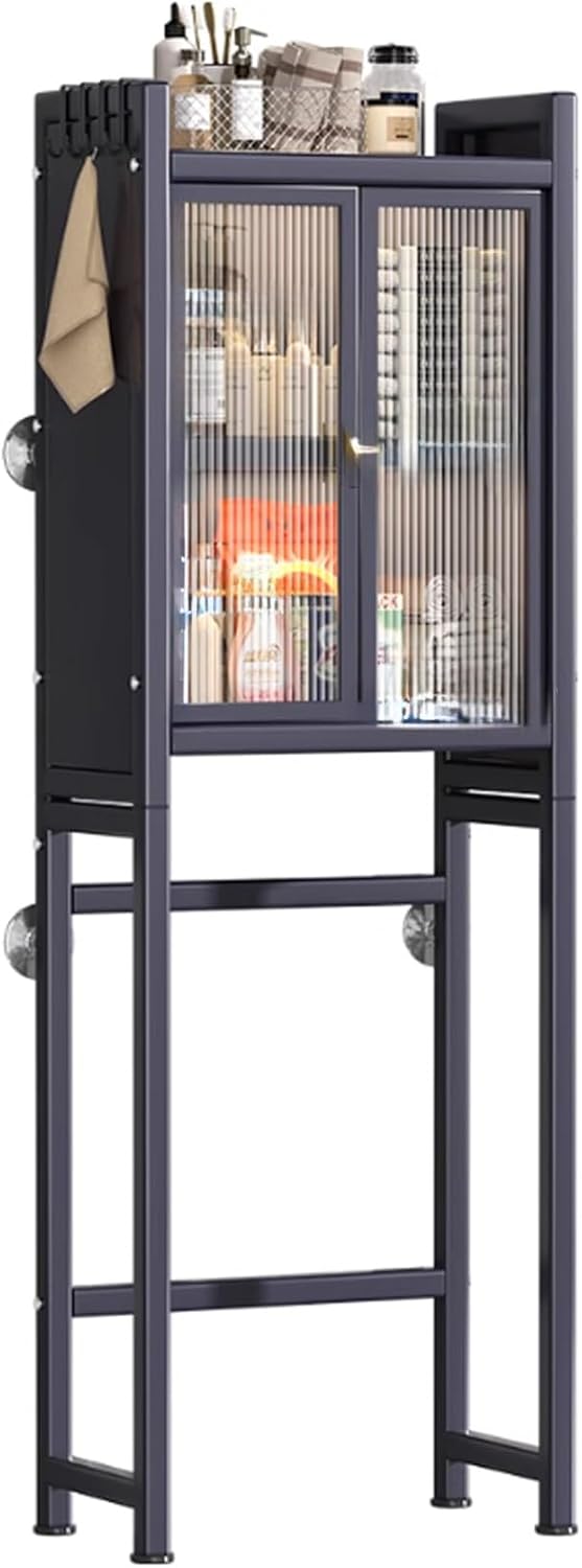 Over The Toilet Storage Cabinet, Floor-Standing Over Toilet Bathroom Organizer, Metal Bathroom Storage Cabinet, Space Saver Toilet Rack, Adjustable Shelf(Black)
