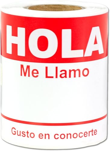 Llamo Equiqueta - Etiquetas adhesivas de nombre en español, 300 Hola, color rojo, etiquetas de identificación en español de 2.3 x 4 pulgadas,