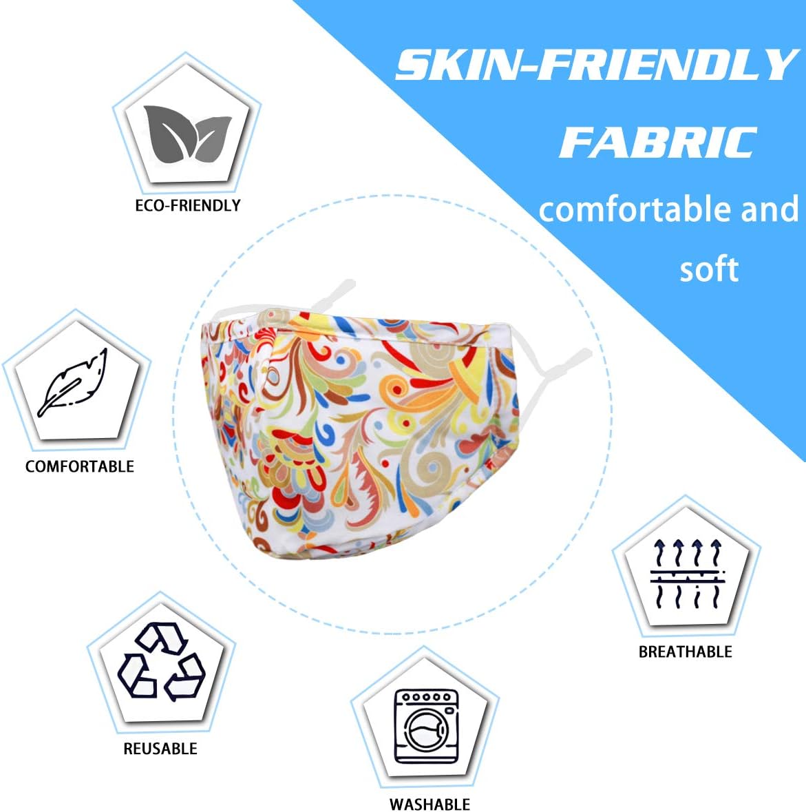 Face Mask Washable Reusable Adjustable Ear Loops, Flowers Breathable Fabric Covering Cute Fashionable Decorative Comfort for Women Man Adult Gift Fabric Facemask