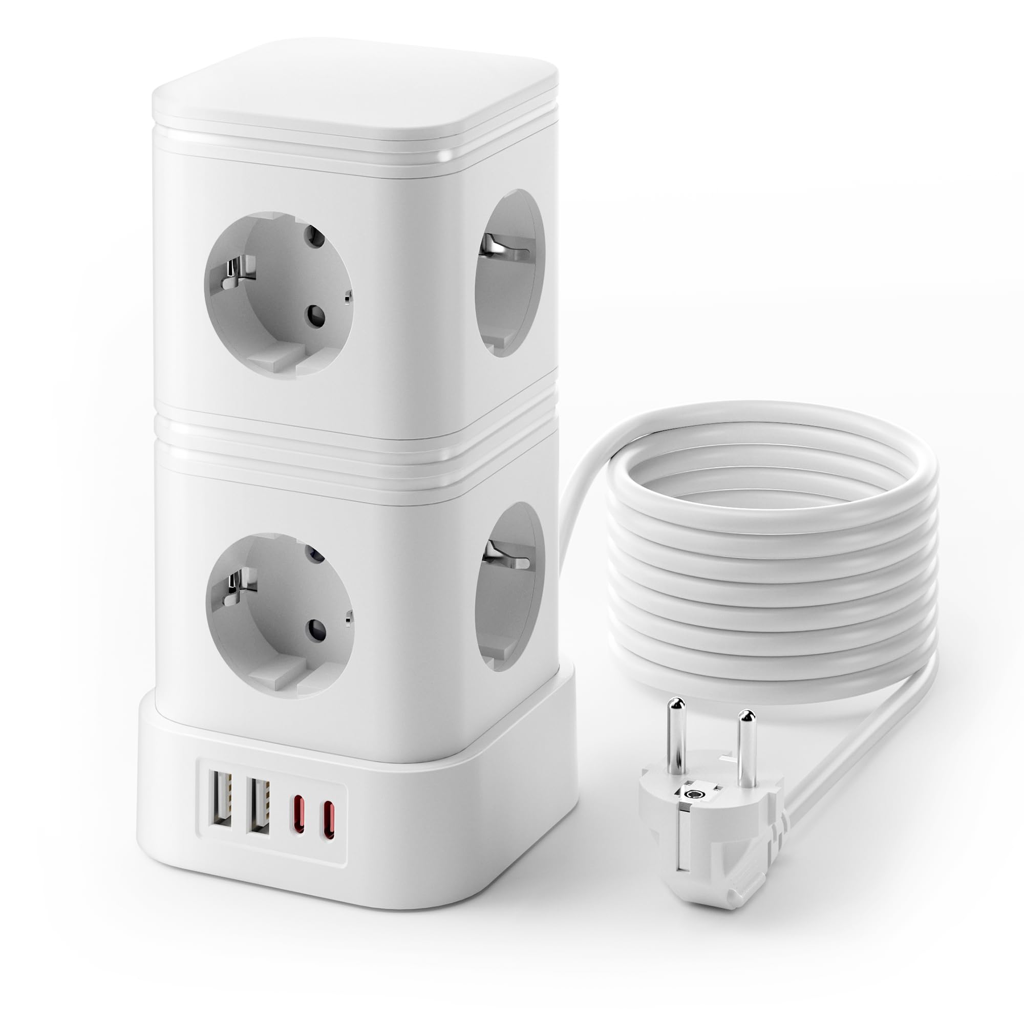 RIXGLEAM Mehrfachsteckdose Überspannungsschutz, 8 Fach Mehrfachsteckdose mit PD 20W USB C, Steckdosenleiste mit Schalter, Steckdosenwürfel mit Verlängerungskabel 2m, 16A/3840W, Weiß