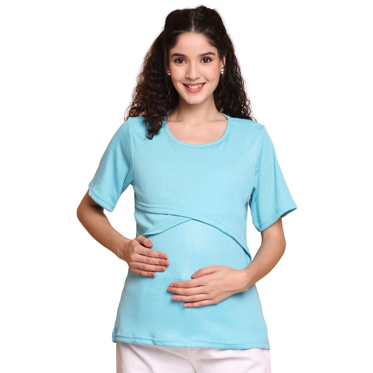 Solid Poly Rib Zipless Maternity Top/Nursing wear/Feeding top/Pregnancy wear-image-0