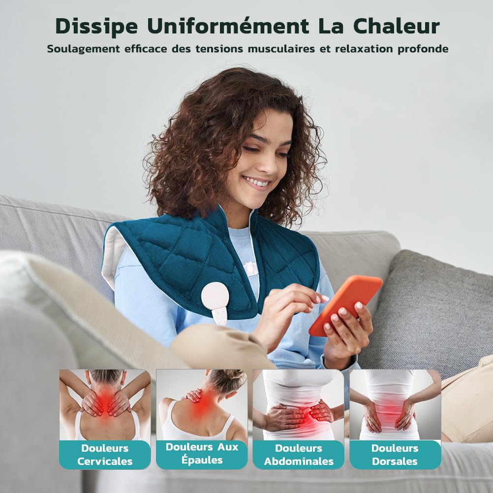 Coussin Chauffant Cervical Électrique avec Télécommande LCD, Fermoir D’extension, 5 Niveaux de Chauffage (40-60°C) pour Cou, Épaules et Dos, Arrêt Auto, Lavable en Machine, 55 * 45CM