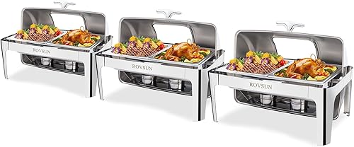 ROVSUN Juego de 3 platos de bufé con tapa enrollable, 9 cuartos de galón de acero inoxidable NSF rectangular para catering, servidores de bufé y disponible en Yaxa Guatemala