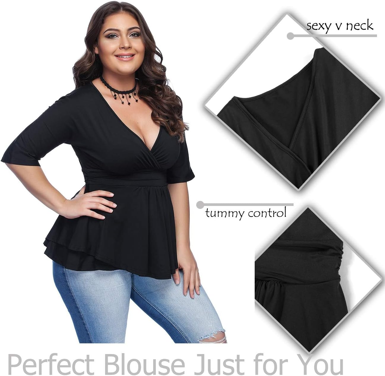 Women's Plus Size Blouse Sexy Deep V Neck Pleated Long Sleeve Ruched Promenade Tops - Image 5