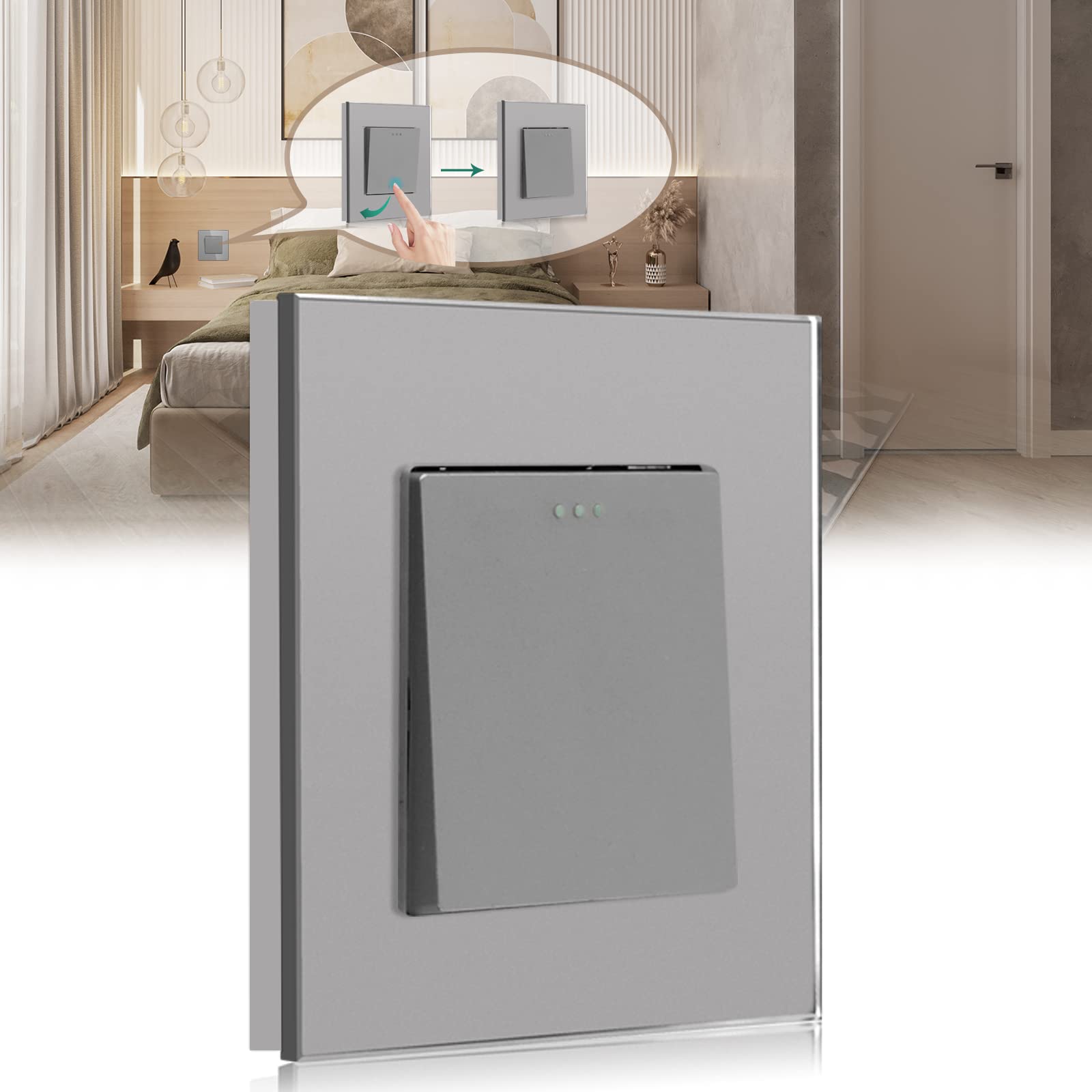 BSEED Light Switch 1 Gang 1 Way,Rocker Switch with Crystal Glass Panel,10A Flush-Mounted Button Toggle Switch,Wall Light Switch Grey(Jump Back to Original Position after Pressing)