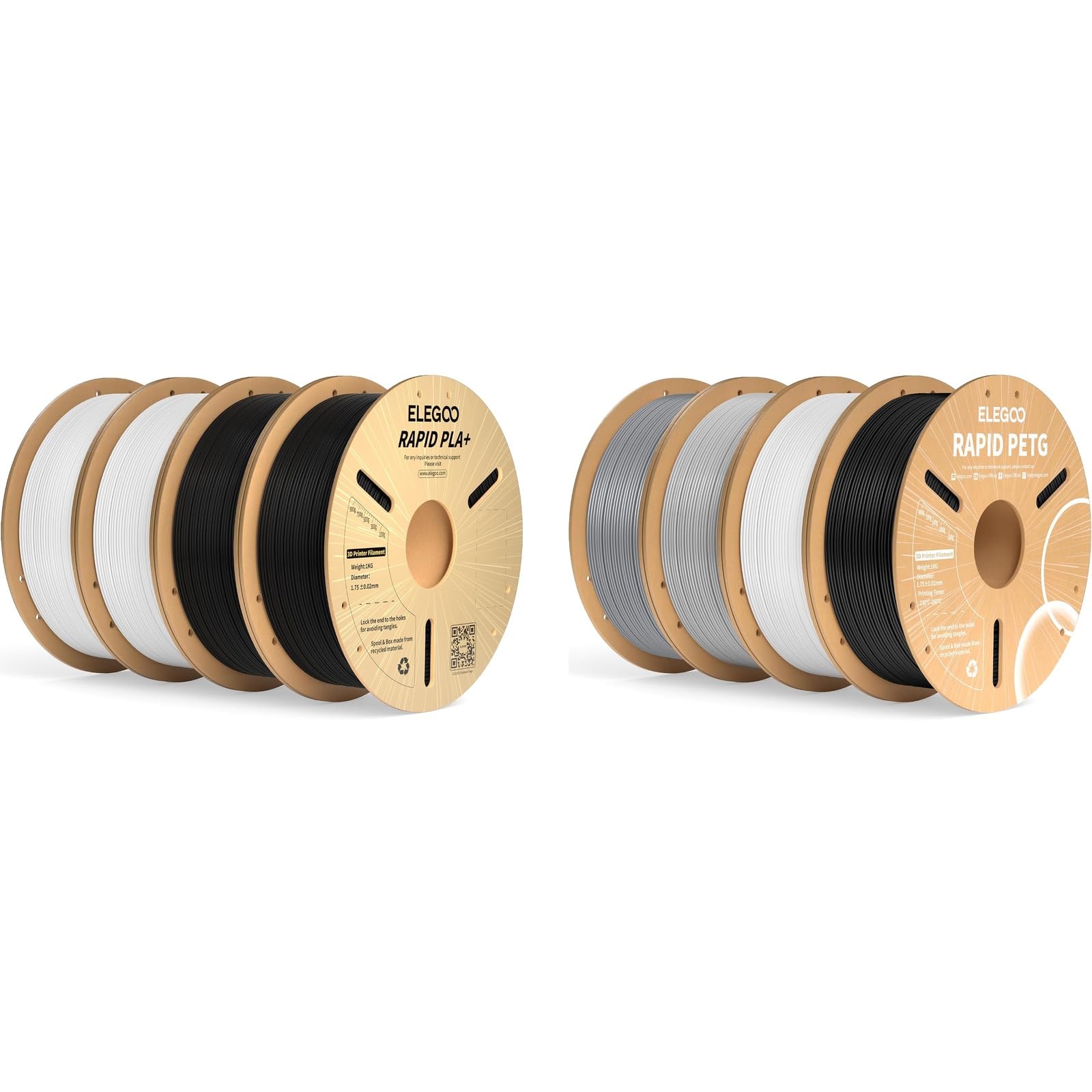 ELEGOO PLA+ Filament Schwarz Weiß 4KG & PETG Filament 4 Farben 4KG