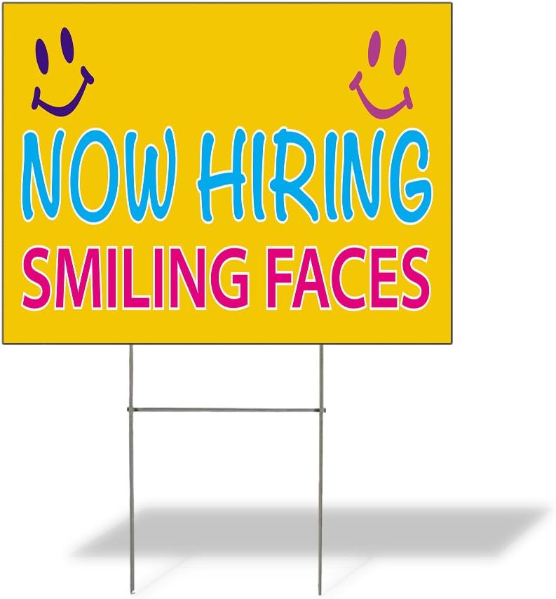Fastasticdeals Custom Weatherproof Yard Sign Now Hiring Smiling Faces #1 N1 Lawn Garden 18x12 Inches 2 Sides Print Personalized Text Here