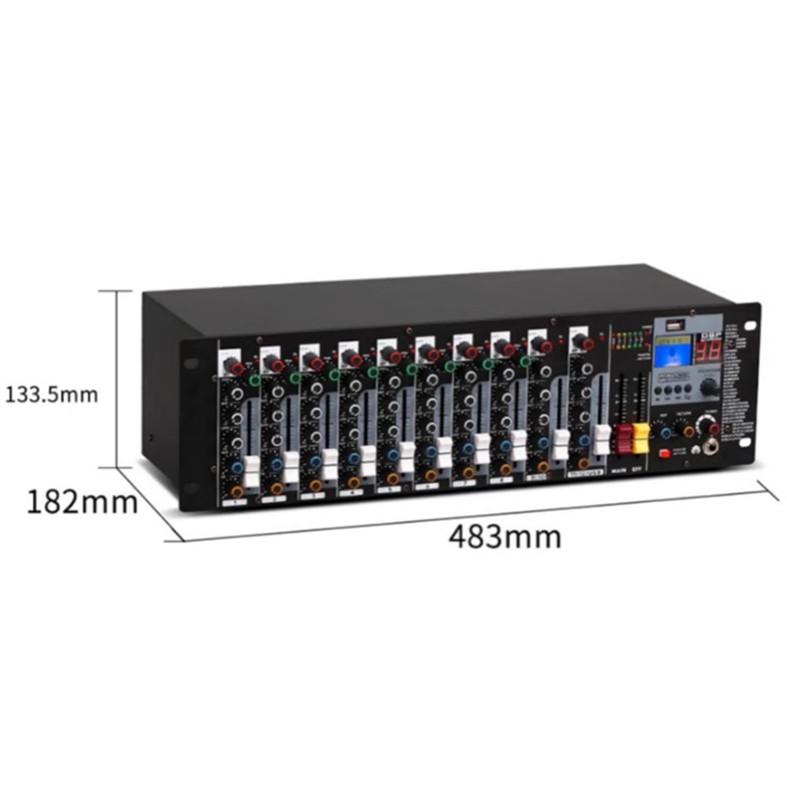 Mikser liniowy stereo, przedwzmacniacze mikrofonowe z 8 wejściami, mikser audio do montażu w szafie, 3-pasmowy korektor na kanał, obsługa odtwarzania USB/MP3, wejścia XLR, do studia