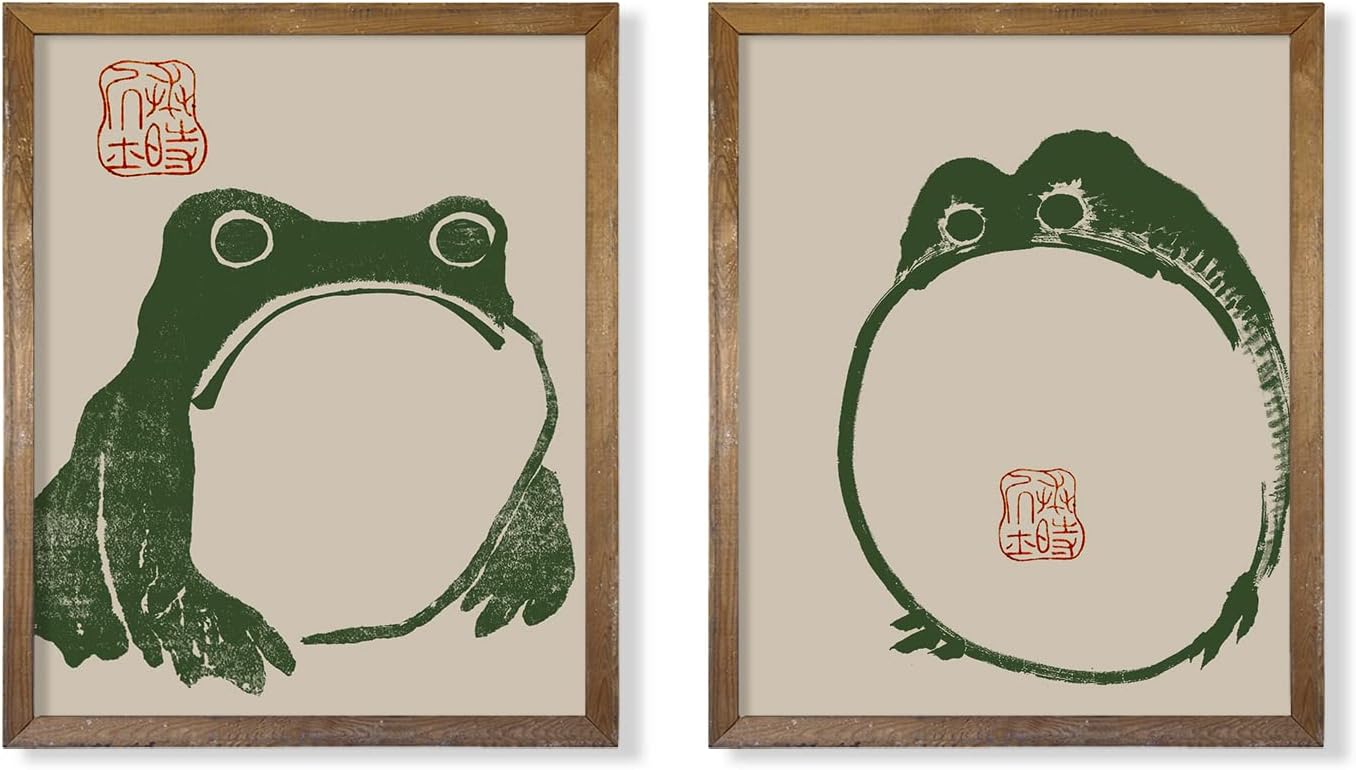 Japanese Frog Wall Art Decor - Japanese Matsumoto Hoji Poster Print - Vintage Japandi Pictures Set - Japan Decor - Wabi Sabi - Cute Funny Animal Poster for Bathroom Decor - Gifts Kids Room Décor