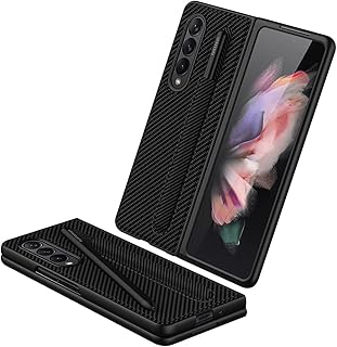 Samsung Galaxy Z Fold 3 5G ケース、ペンホルダー付き、Z Fold 3 レザーケース、Samsung Galaxy Z Fold 3 5G用ペンスロット付き高級ビジネスPUレザーケース(カーボンファイバーブラック)