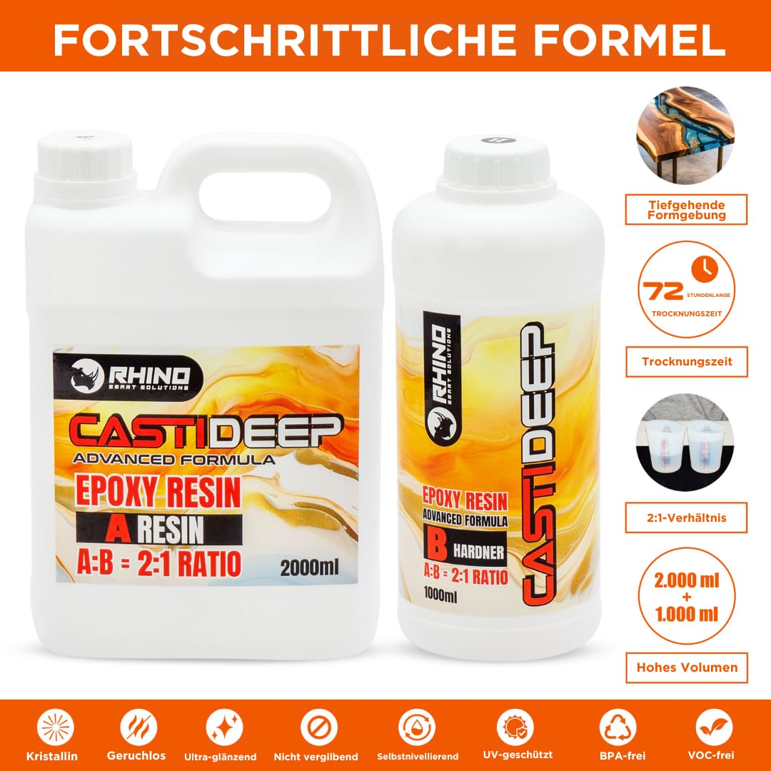 RHINO Smart Solutions TRANSPAREX+ 2000ml Epoxidharz Set 1:1 Resin 1.000ml Kristallklar mit Härter 1.000ml für Gießen Beschichtung DIY Malerei Handwerk Holz Deko Tischplatte | Ink Zubehör Kunstharz