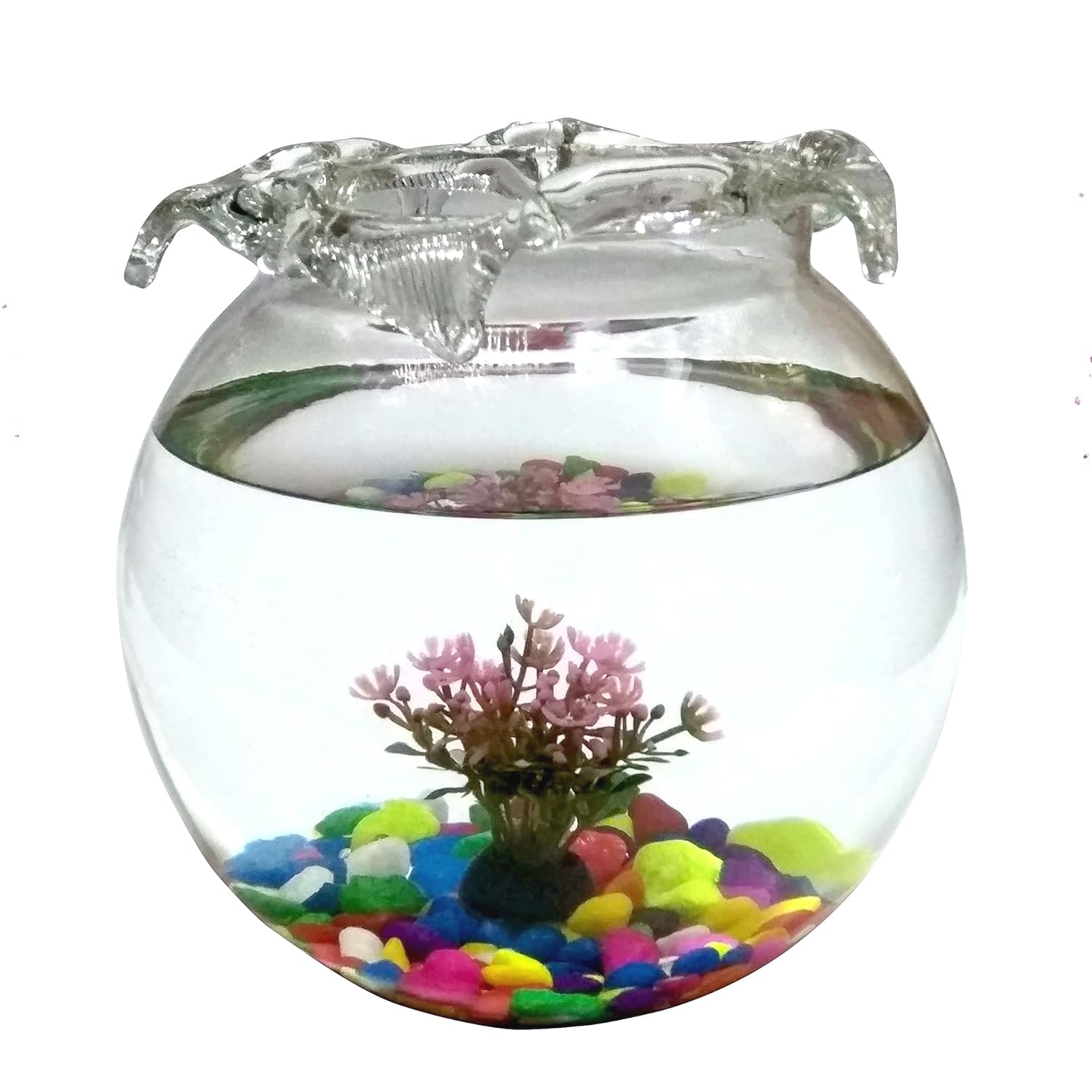 Jainsons Pet Products Fish Glass Bowl | 8-Inch Aquarium with 1 Baby Plant, 500gm Multicolor Stones & 2 Artificial Fishes Combo | Decorative Home & Office Fish Tank