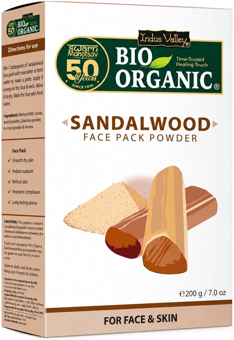 INDUS VALLEY Bio Organic Sandalwood Face Pack Powder | Chandan Powder for Glowing Skin | Helps Reduce Suntan, Dark Spots & Pigmentation | Helps Prevent Acne Breakouts | 200g