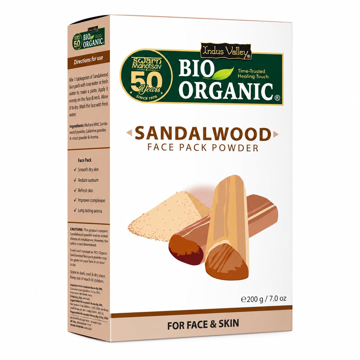 INDUS VALLEY Bio Organic Sandalwood Face Pack Powder | Chandan Powder for Glowing Skin | Helps Reduce Suntan, Dark Spots & Pigmentation | Helps Prevent Acne Breakouts | 200g