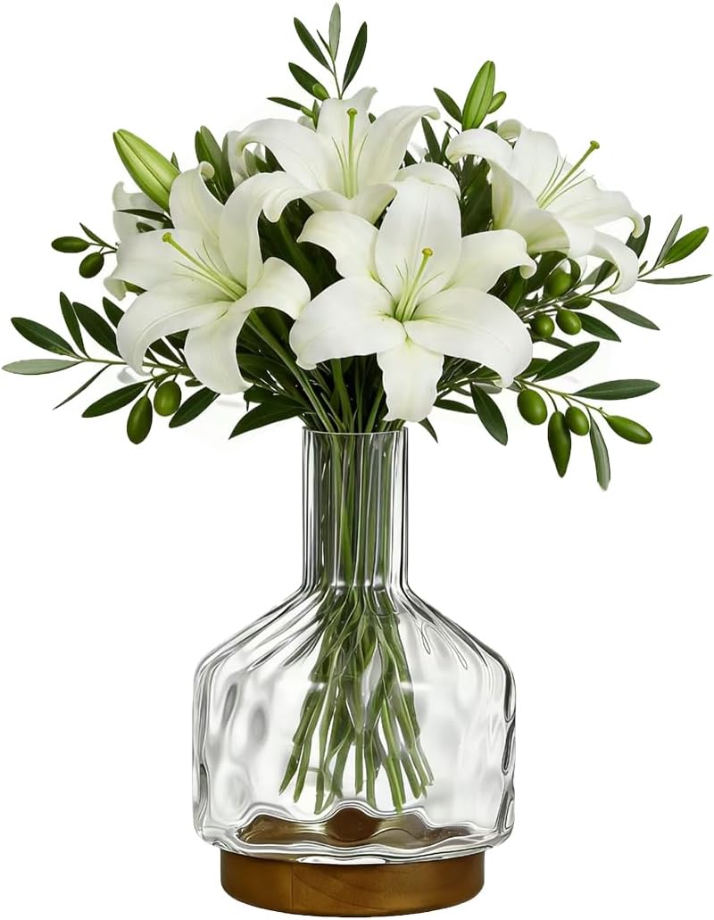 Glass Vase for Flowers, Rippled Flower Vases with Wooden Base,10inch Clear Jug Vase for Long Stem Flower or Fake Bouquet,Decorative Bottle Vase for Centerpieces Dining Table Living Room Mantel Party