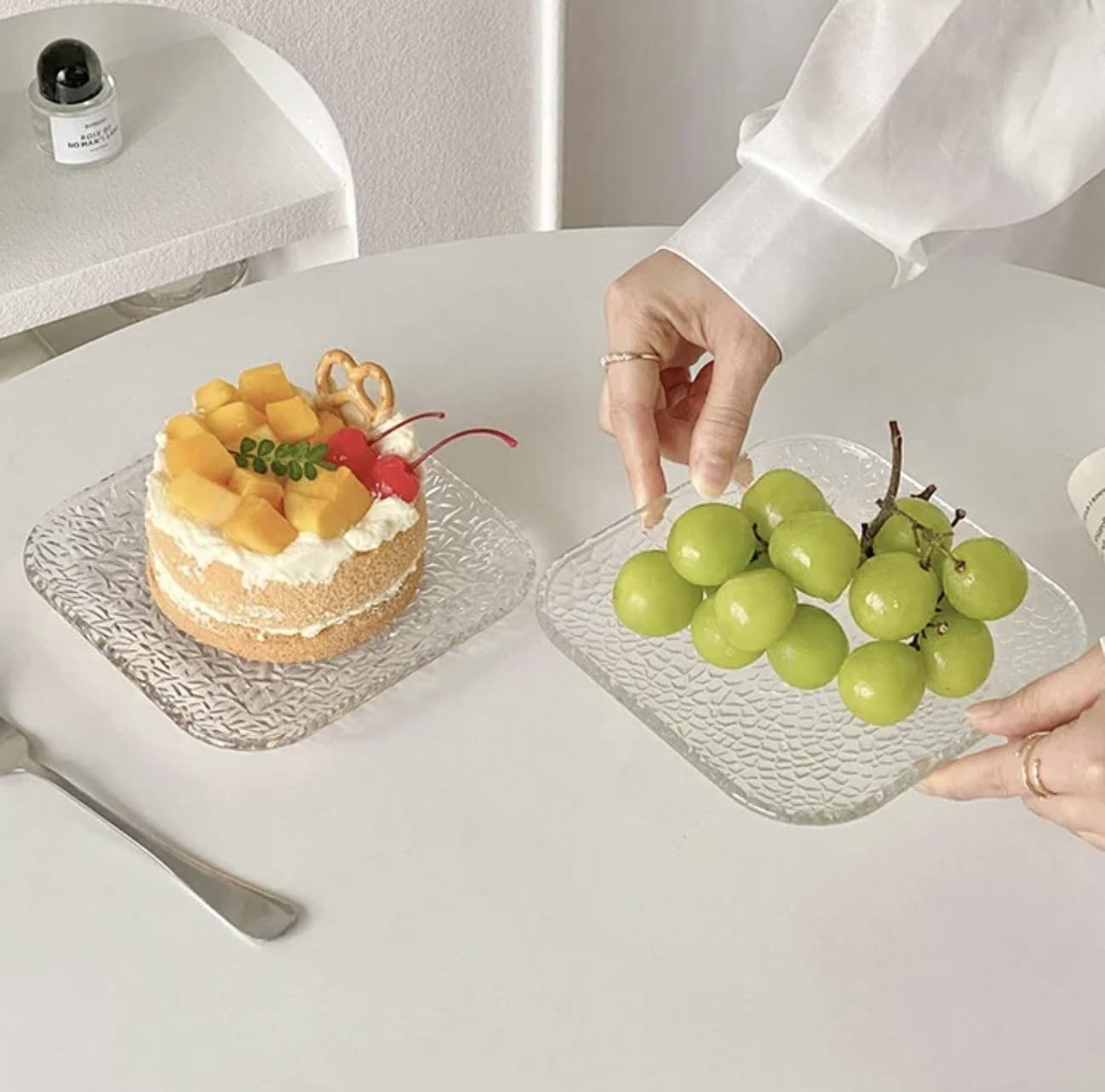 HOMIES 6 Inch Square Designer Glass Dessert Plates, Small Mini Appetizer, Fruit, Salad and Cake Plates, Set of 6 (Hammered Smokey) — Amazon image 2