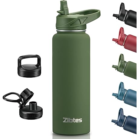 40 oz Insulated Water Bottle With Straw,3 Lids(Flip, Spout and Handle Lid)