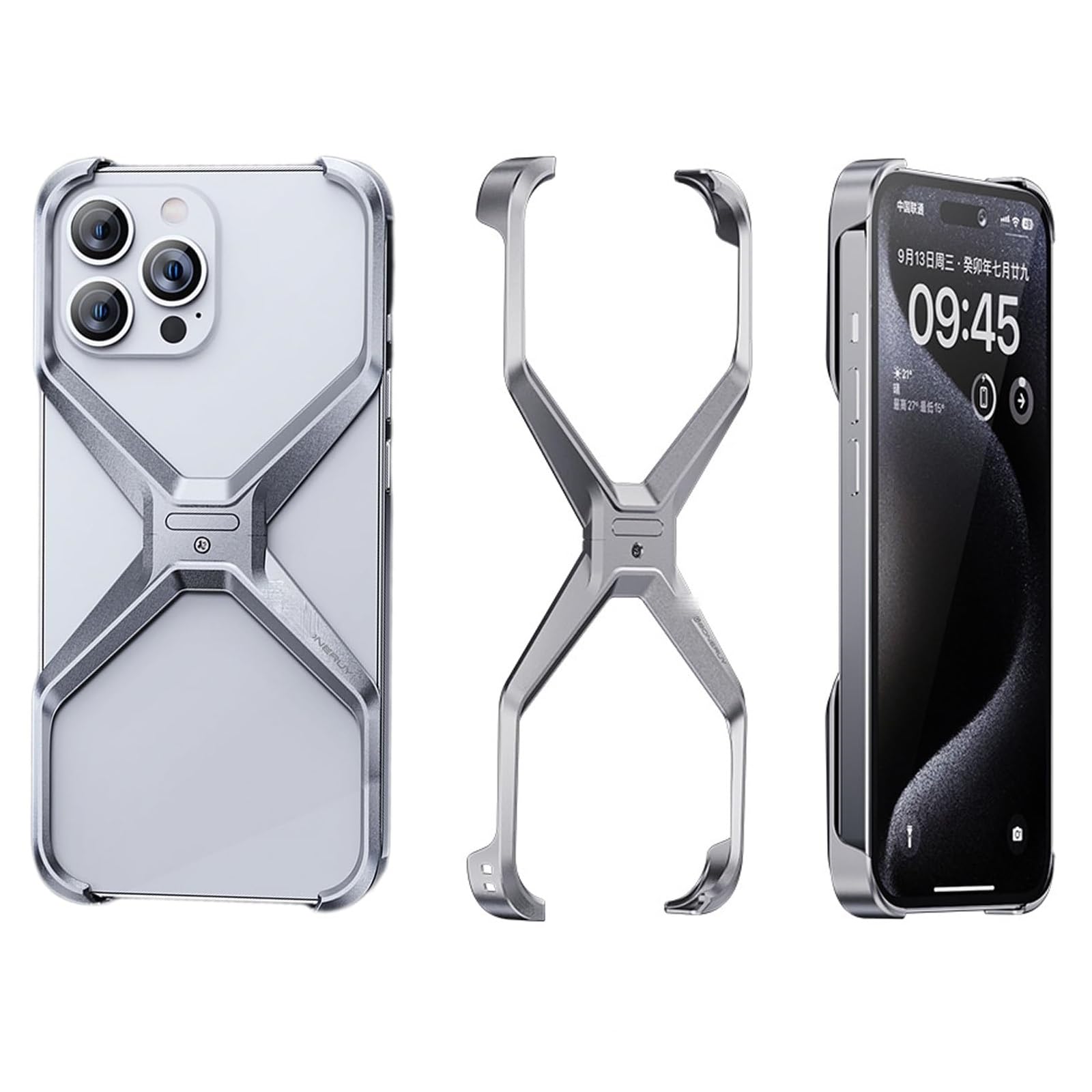 X Shape Anti-Fall Bare Phone Case, X Shaped Metal Frame for iPhone 15 14 13 Pro Max, Dissipate Heat Frameless Aluminum Alloy Anti-Fall Metal Corner Pad Case for iPhone (for iPhone 15 Pro Max,Silver)