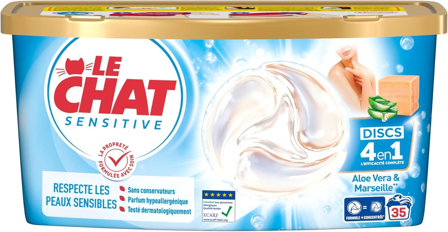 LE CHAT Pack Intensif Sensitive Capsules Lessive Discs 4en1 au Savon de Marseille & Aloe Vera Peaux Sensibles Parfum Hypoallergénique 210 Capsules