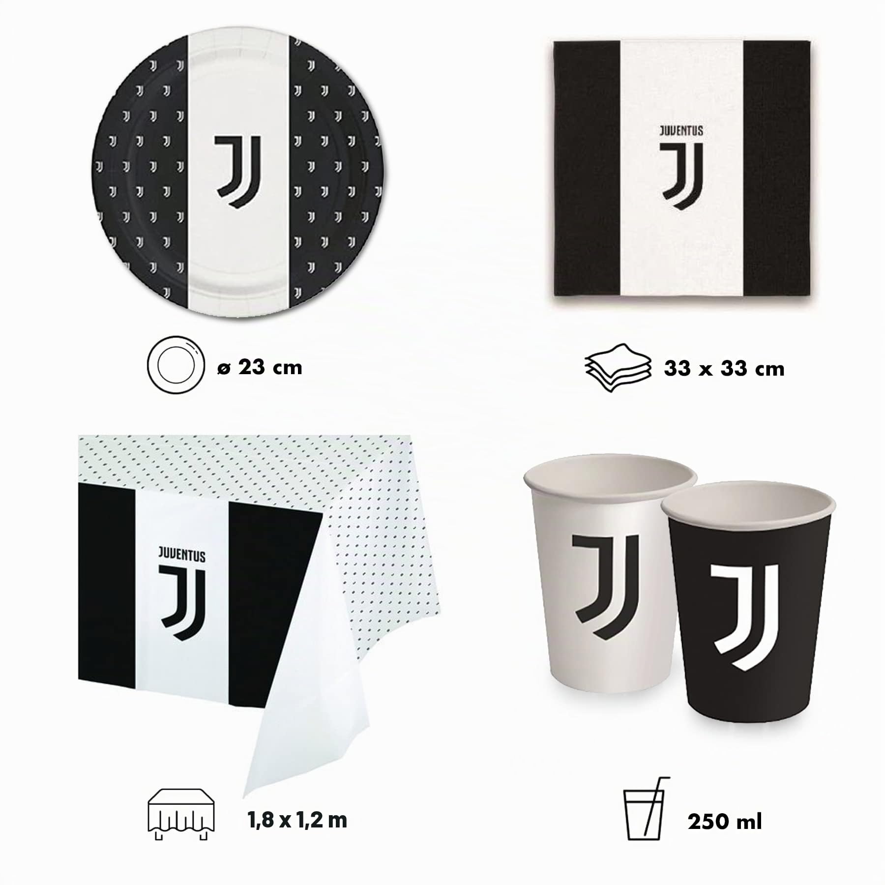 Lage Kit per Festa di Compleanno a Tema Juventus - Set per Decorazioni Calcio Bianconero da tavola Addobbi per 16 Persone (1 Tovaglia - 12 Palloncini - 16 Piatti - 20 Tovaglioli - 12 Bandierine)