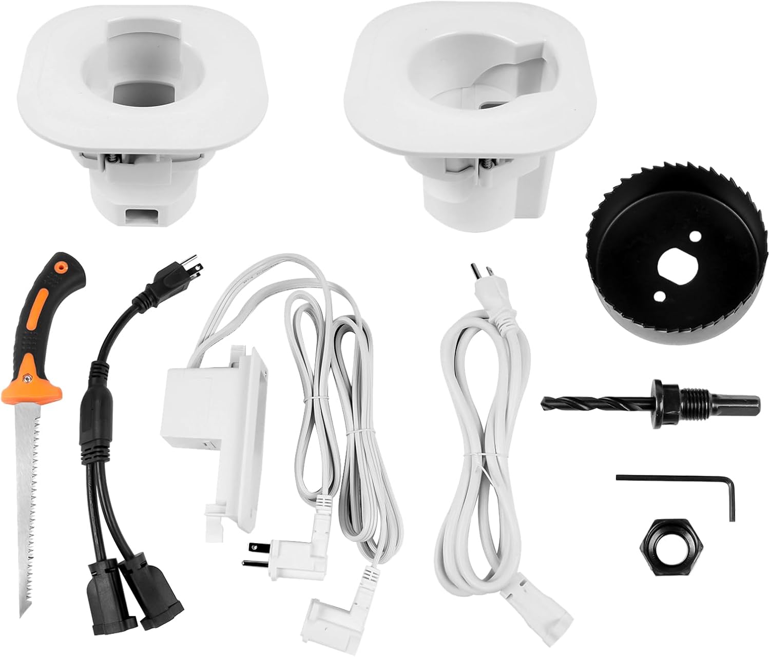 in-Wall Cable & Power Management Kit, TV Cord Concealer & Power Kit, Powers Devices & Hides All Cables, with Circle Saw Drilling Attachment & Drywall Hand Saw