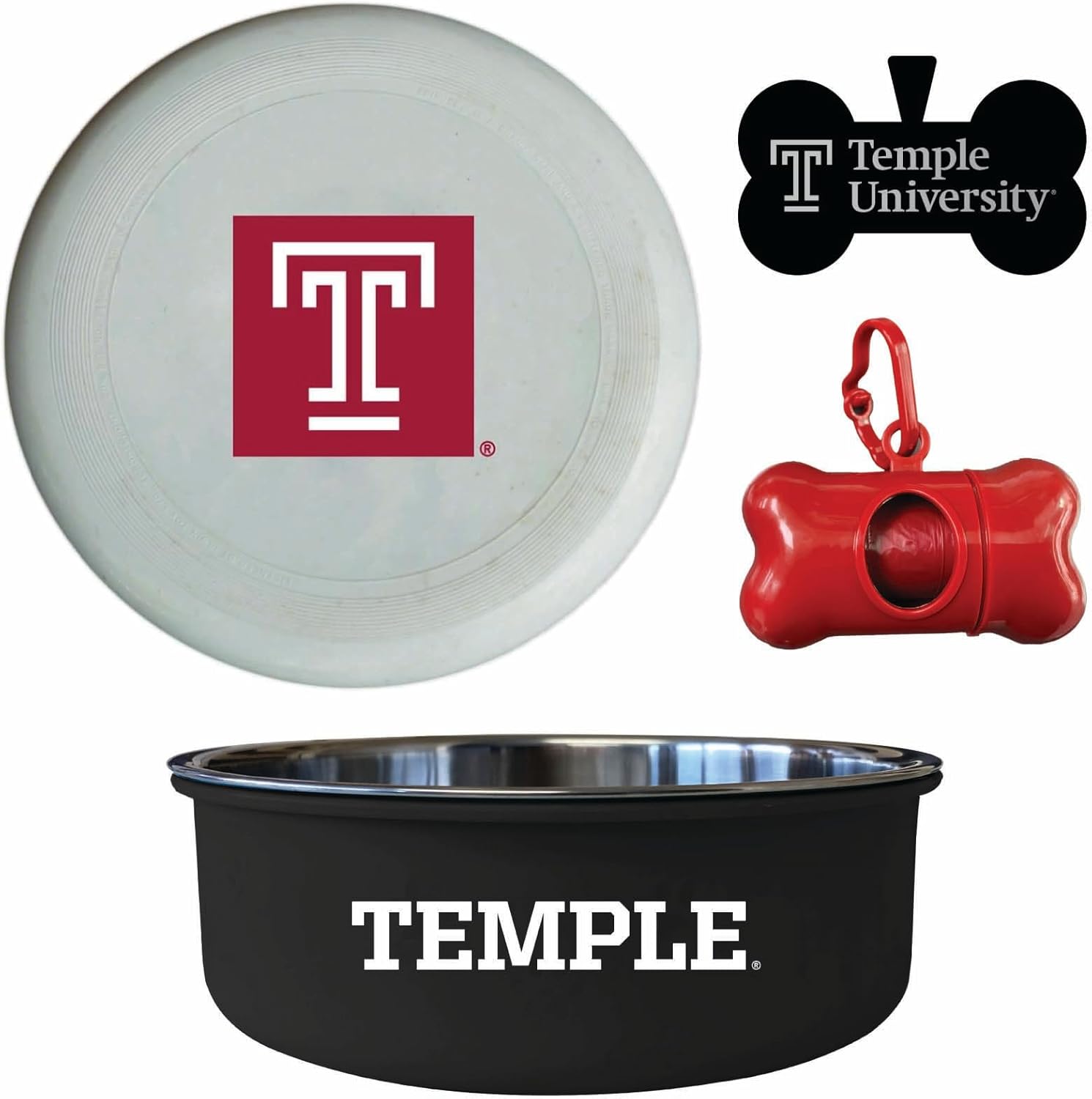 Temple University Officially Licensed College Pet Pack – Dog Tag, Bowl, Flying Disc & Waste Bag