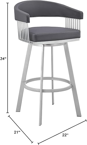 Miniatura 3 de Armen Living Bronson Taburete de bar de 25 pulgadas, piel sintética gris pizarra y metal plateado
