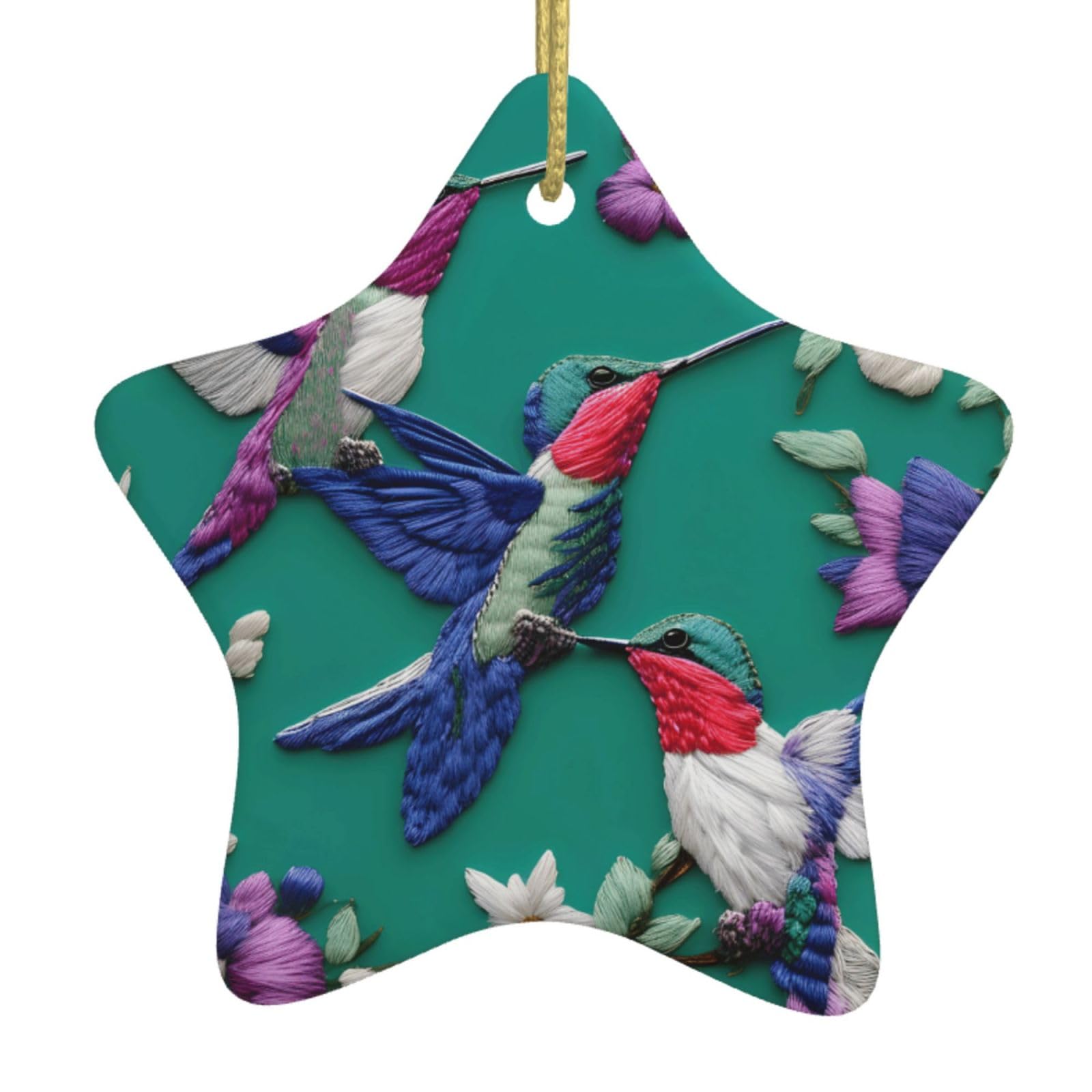 Nbtghga White Flower Hummingbirds Embroidery Print Christmas Ornaments, Ceramic Hanging Ornament, Round Shape Decorations