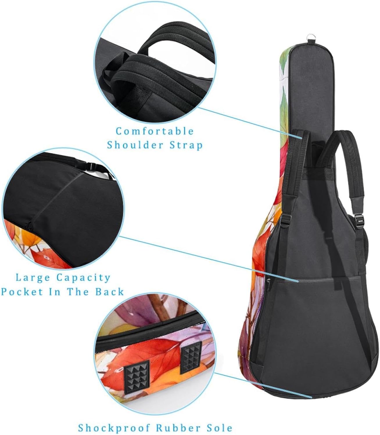 Acoustic Guitar Bag 0.4 Inch Thick Padding Waterproof Guitar Case Gig Bag for 40 41 42 Inch Electric Bass Classical Guitar, Colorful Leaves Watercolor Floral