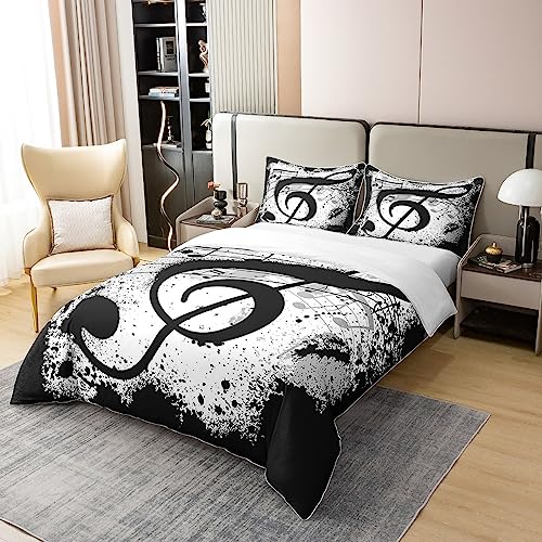 Music Notes 100% Cotton Duvet Cover Rock Music Themed Musical Pattern Bedding 100% Cotton Set for Kids Adults Grunge Design Duvet Set Ultra Soft Black White Room Decor King Zipper Quilt Cover - Image 2