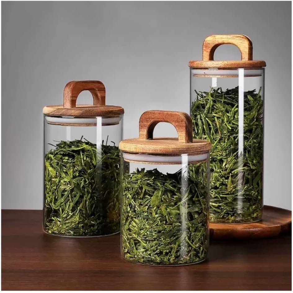 Tea Container Transparent Glass Tea Storage Containers, with Wooden Airtight Lid and Handle(560ML)