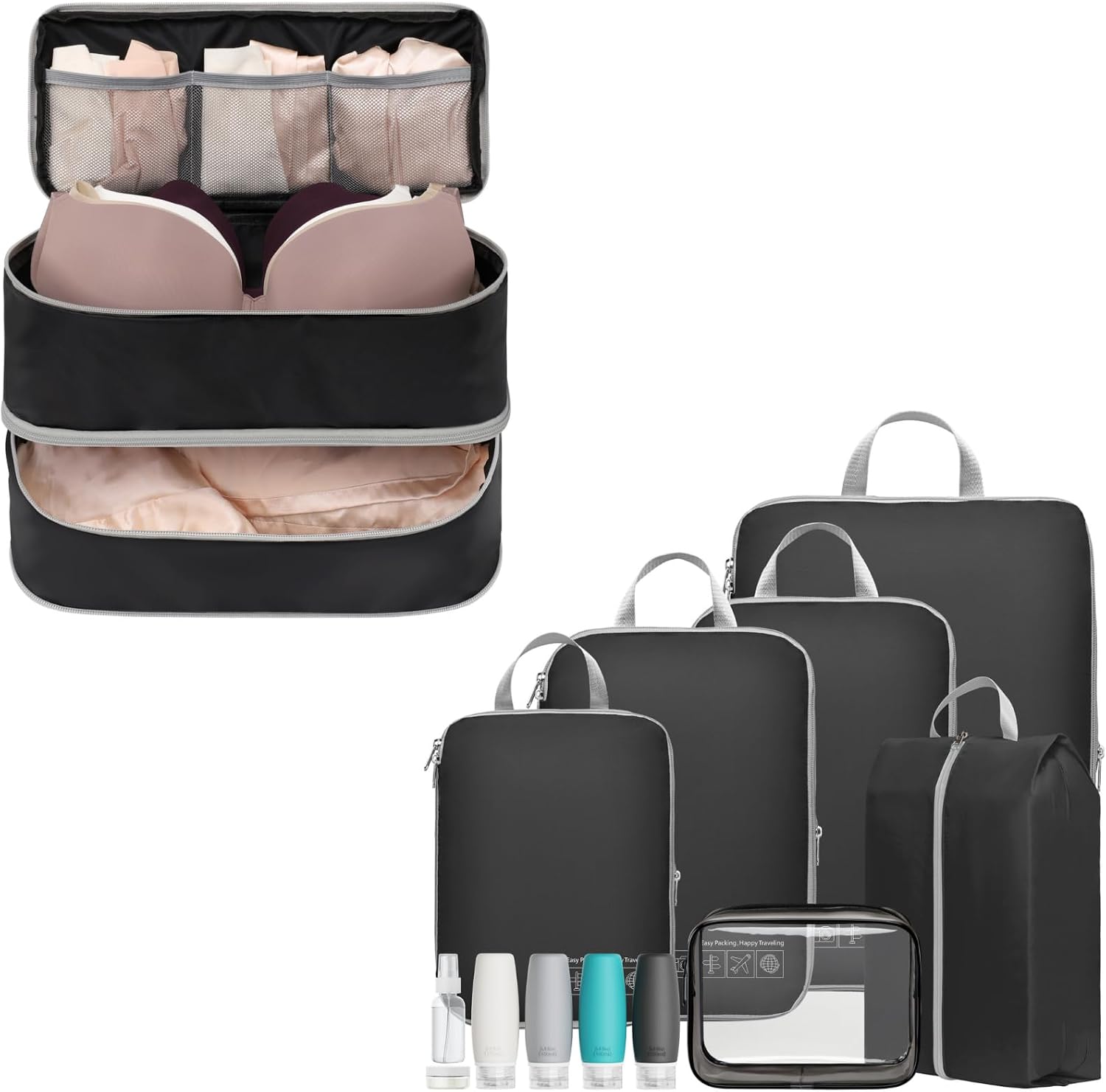 Cambond Travel Underwear Organizer Bag, Lightweight Bra Organizer Travel Bag Bundle with Compression Packing Cubes for Travel