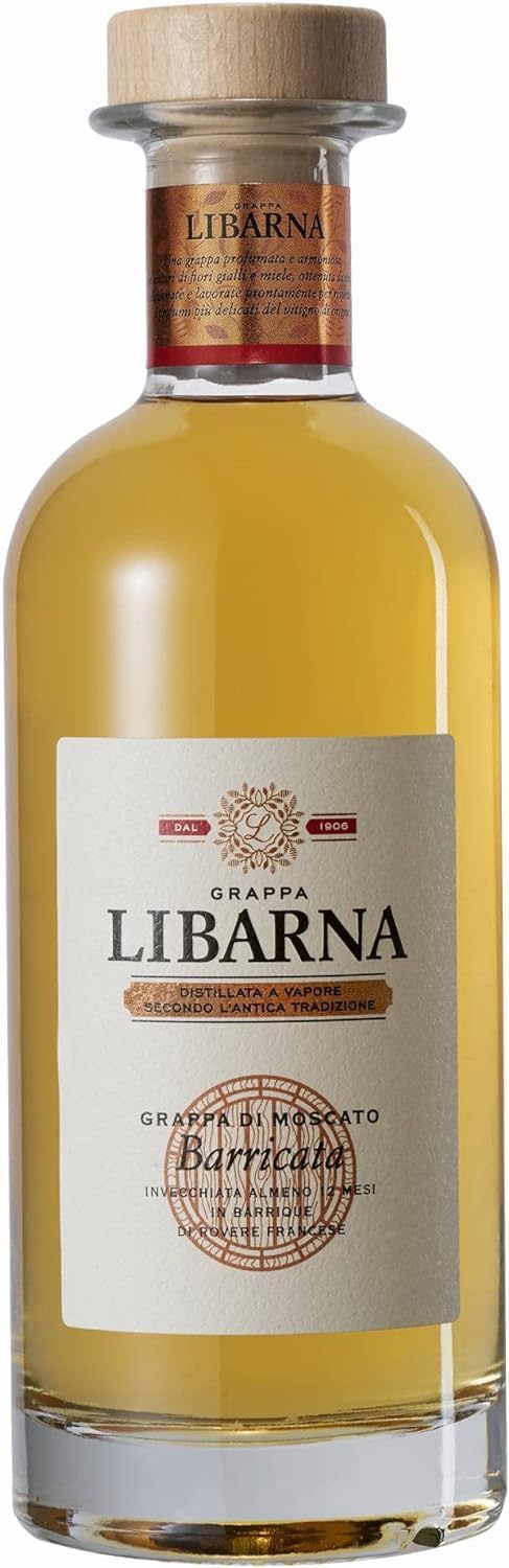 Grappa Libarna Moscato - Premium Italian Grappa, aged for at least 12 months. Bottle of 70cl, 41% ABV.