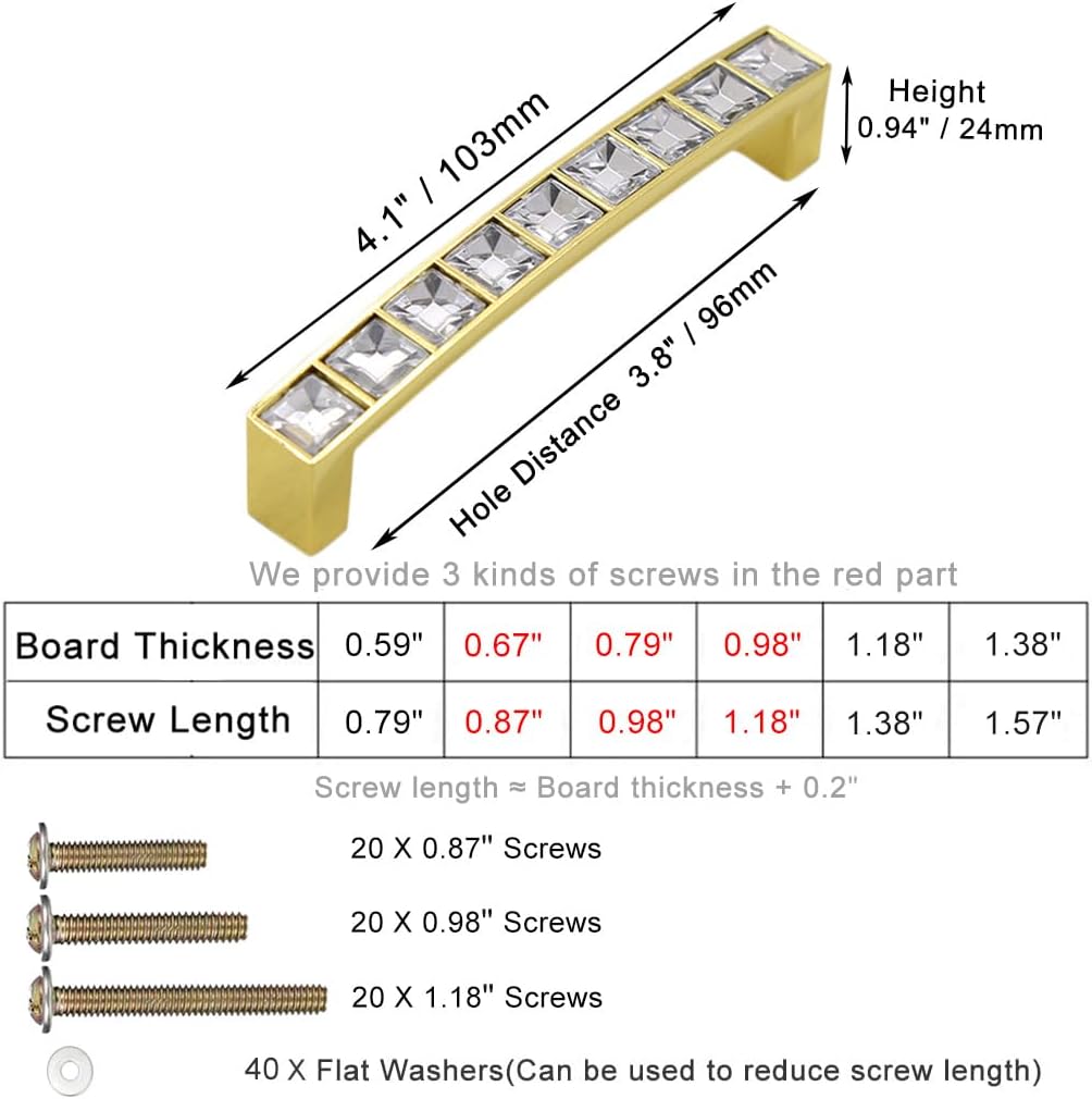 10 Pack Gold U Shape Crystal Glass Rhinestone Cabinet Pulls Knobs Handles,Modern Decorated Shiny Dresser Drawer Konbs Pulls Handles for Cupboard Wardrobe Dresser (10 Pack, 3.8" Hole Centers)