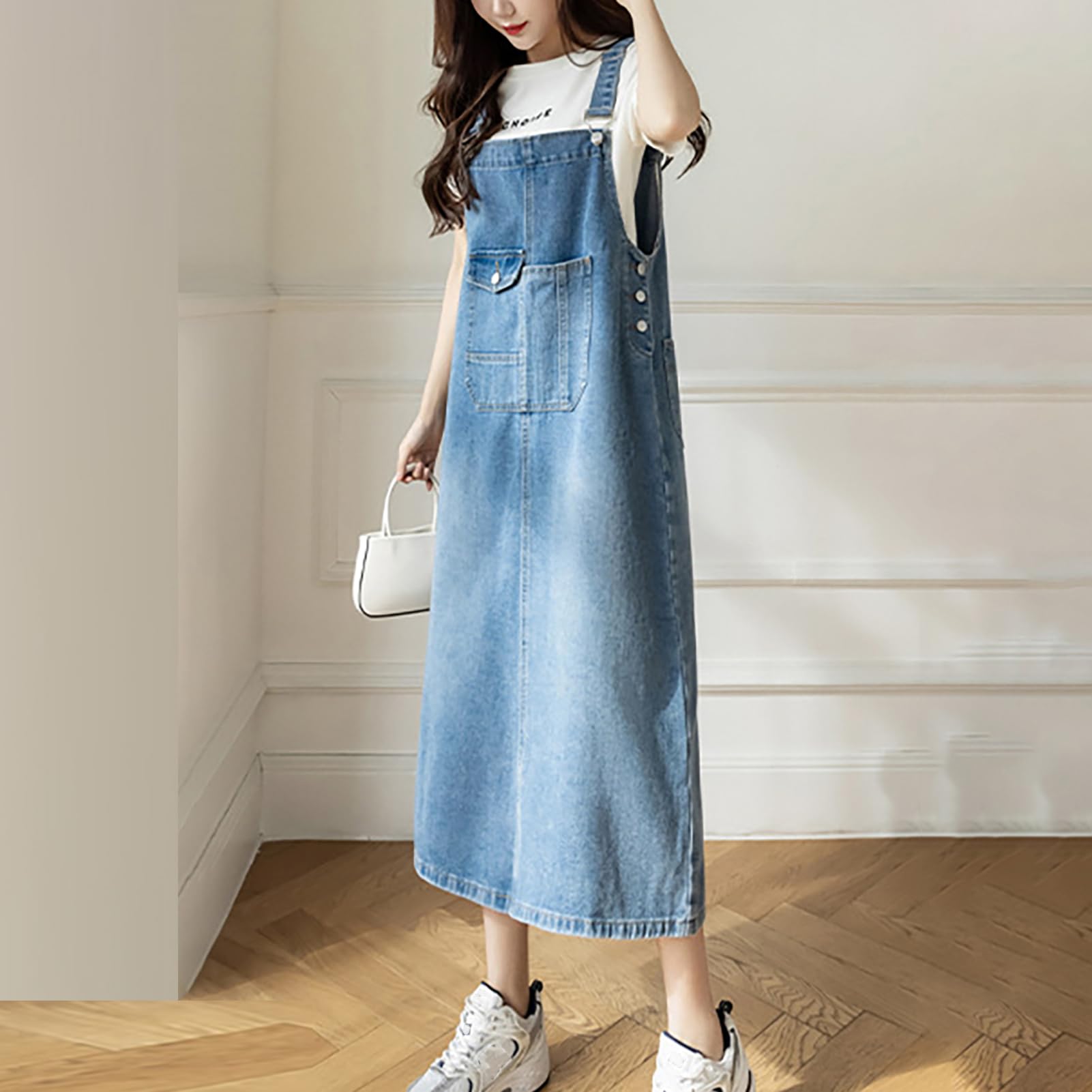 Robe Salopette Femme Mid Longue Robes en Denim Casual Jeans Combinaiso Robe Grande Taille