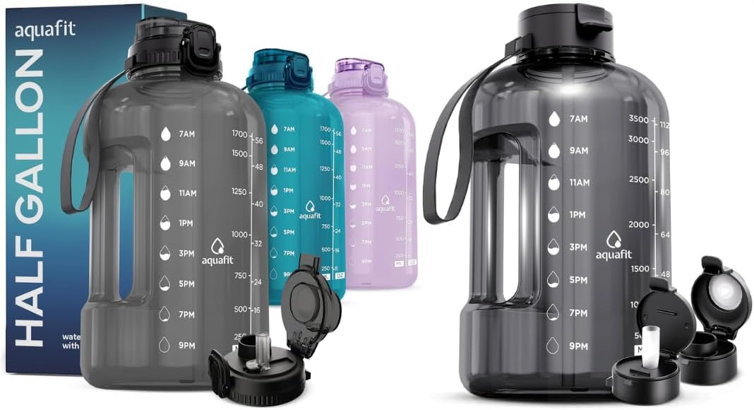 AQUAFIT 2 Pack 128 oz Water Bottle with Time Marker and Straw
