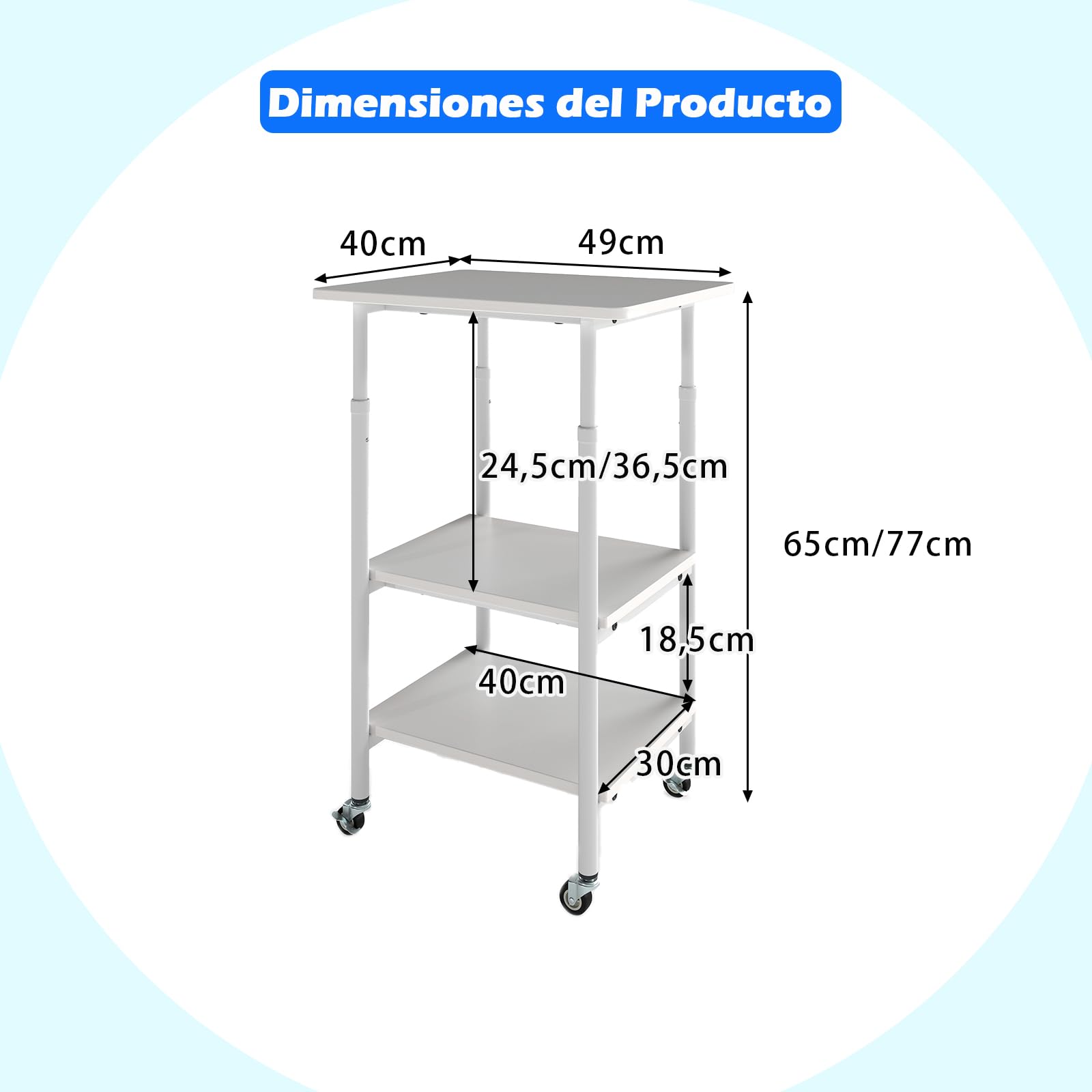 GOPLUS Soporte de Impresora de 3 Niveles, Mueble Carrito para Impresora con Altura Ajustable, Estantes de Almacenaje, Ruedas Universales Bloqueables, Mesa Lateral Móvil para Escáner Oficina (Blanco)