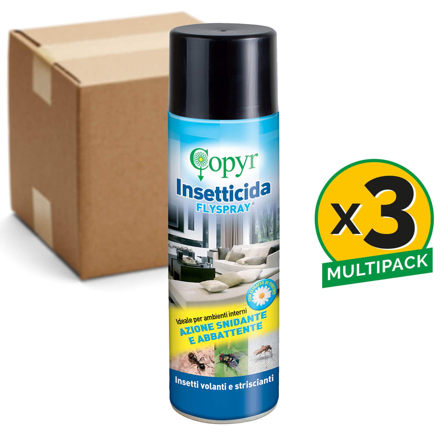 COPYR | Flyspray: Insetticida Pronto all'Uso Elimina Rapidamente Mosche, scarafaggi, formiche, Insetti delle derrate - bombola da 500 ml x 3 Pezzi